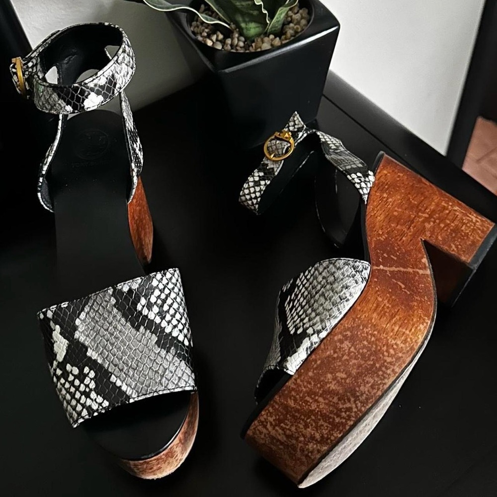 Tory Burch Black and White Snakeskin Platform Sandals
